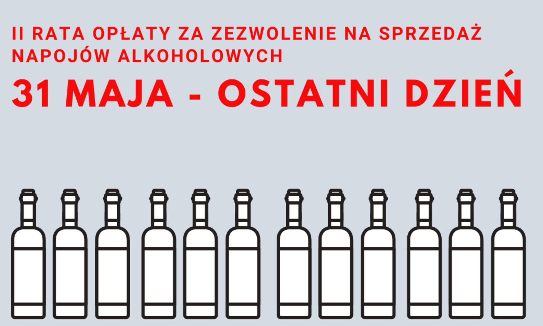 grafika z butelkami i napisem - II rata opłaty za zezwolenie na sprzedaż napojów alkoholowych, 31 maja - ostatni dzień